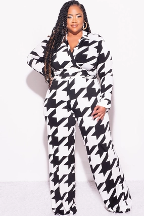 Friction Resistant Fabric Sleek and Soft Final Sale Plus Size 2pc Collar Crop Faux Wrap Tie Top and Pants Set in Black & Off White Houndstooth Print