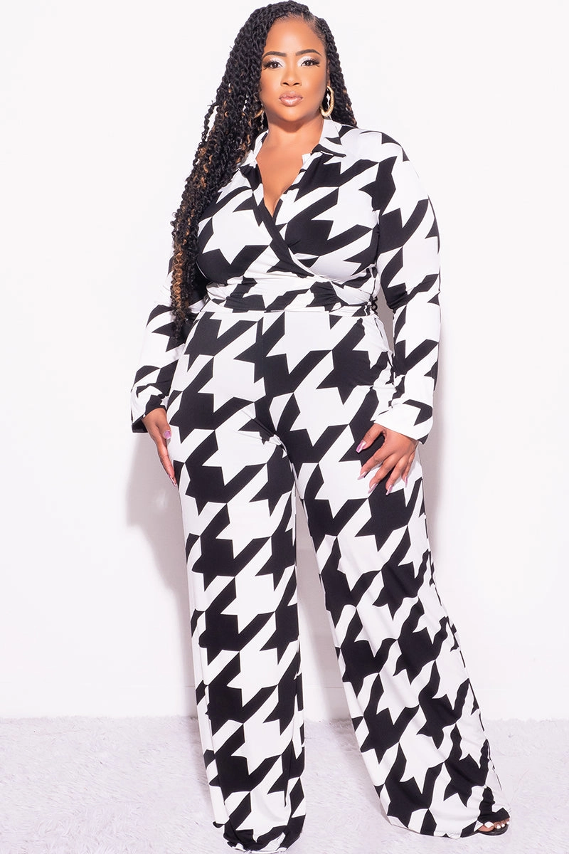 Final Sale Plus Size 2pc Collar Crop Faux Wrap Tie Top and Pants Set in Black & Off White Houndstooth Print Core Utility Flexible Durability