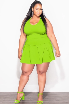 Final Sale Plus Size 2pc Collar Short Sleeve Crop Top and Pleated Skort Set in Apple Green Lightweight Wear