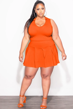 Final Sale Plus Size 2pc Collar Short Sleeve Crop Top and Pleated Skort Set in Orange Classic Comfort TearResistantMaterial