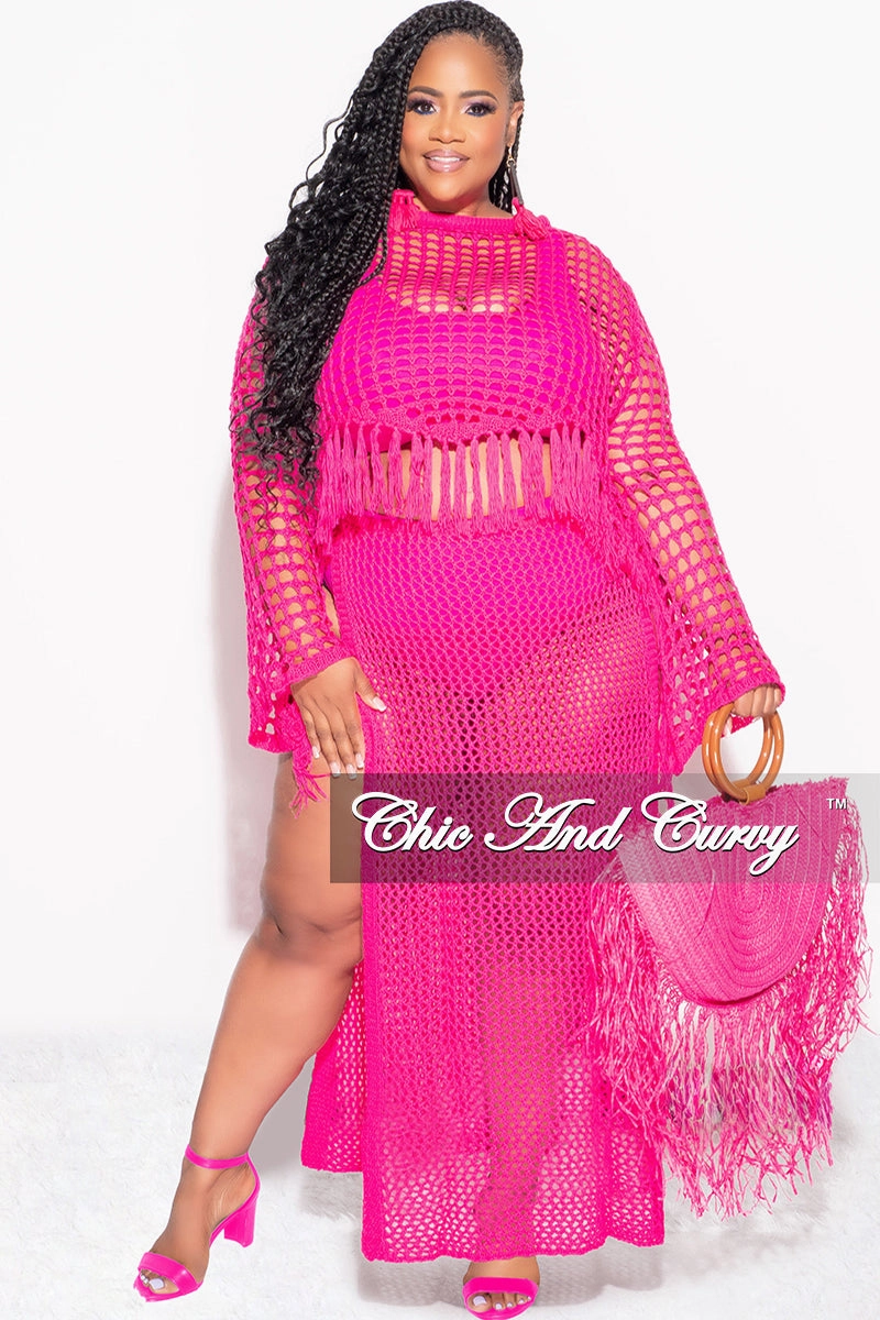 Final Sale Plus Size 2pc Crochet Set Knit Crop Top & Skirt in Fuchsia All Time Use