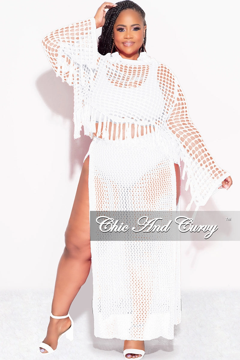 Final Sale Plus Size 2pc Crochet Set Knit Crop Top & Skirt in Ivory HighRiseWaistband Anti Static Finish