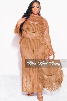 EcoFriendlyMaterial Light Reflective Details Final Sale Plus Size 2pc Crochet Set Knit Crop Top & Skirt in Mocha
