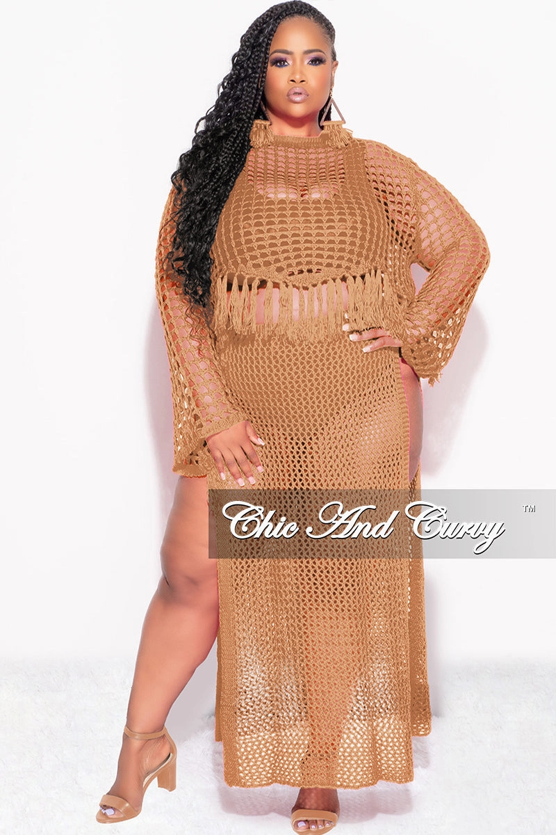 Final Sale Plus Size 2pc Crochet Set Knit Crop Top & Skirt in Mocha SlimFit Flexibility Fit