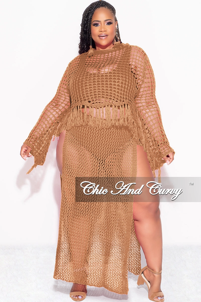 Move Comfort Final Sale Plus Size 2pc Crochet Set Knit Crop Top & Skirt in Mocha