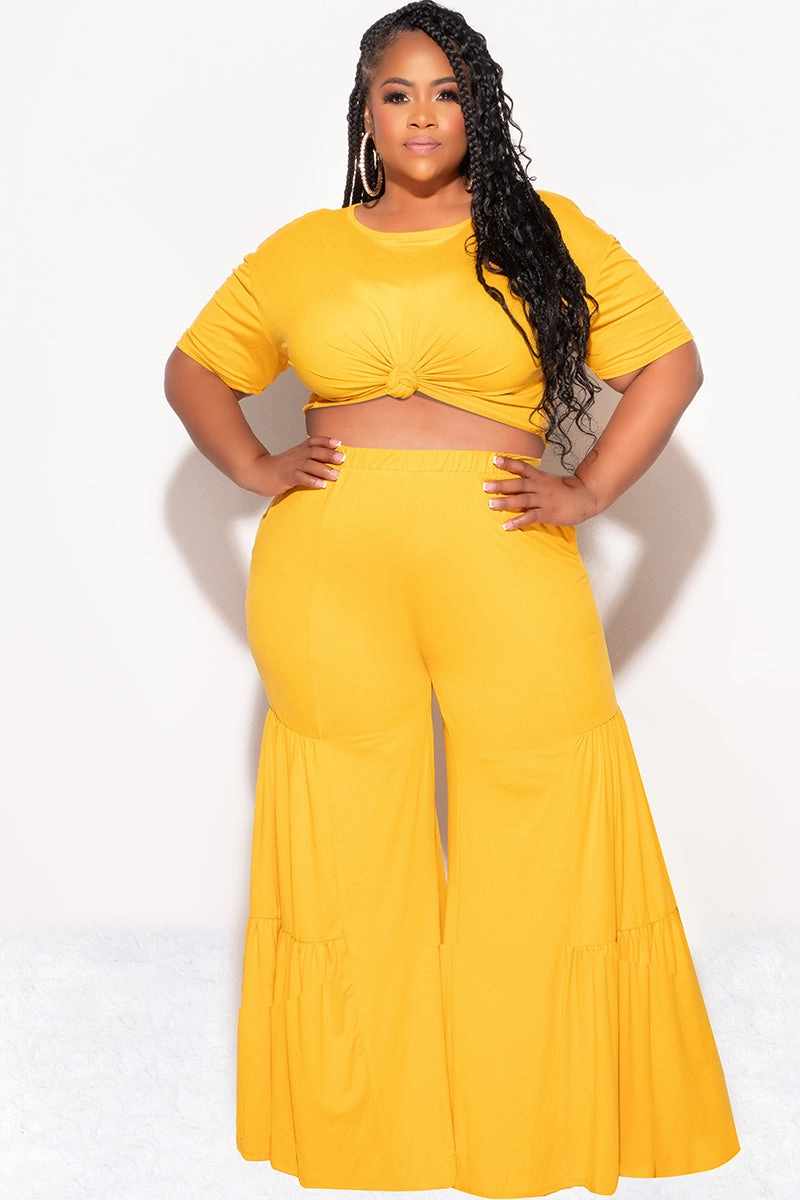 Final Sale Plus Size 2pc Crop Tie Top and 3-Layer Pants Set in Mustard EcoFriendlyMaterials Cuffed hem