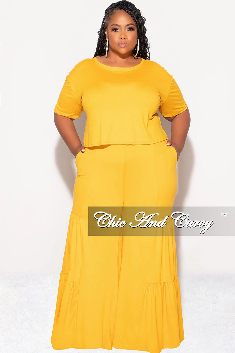 Final Sale Plus Size 2pc Crop Tie Top and 3-Layer Pants Set in Mustard Casual Layer Fit