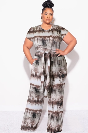 Classic Comfort Breathable Material Final Sale Plus Size 2pc Crop Tie Top and Pants Set in Brown & Cream Tie Dye Print