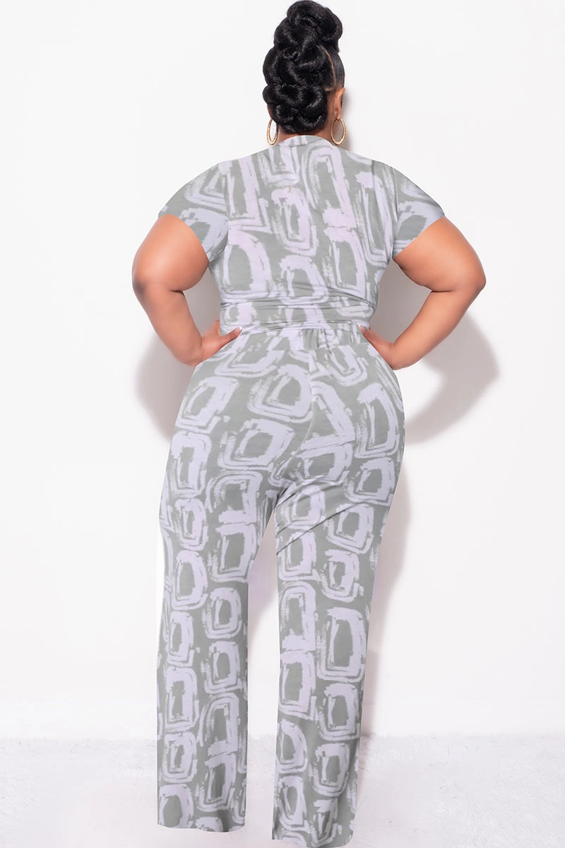 Final Sale Plus Size 2pc Crop Tie Top and Pants Set in Grey & Pink Quality Material Stretch Flex