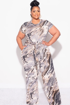 Breathable mesh lining Final Sale Plus Size 2pc Crop Tie Top and Pants Set in Grey Multi Color Print