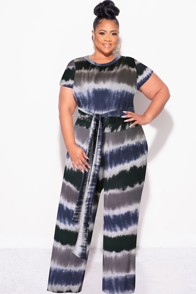 Final Sale Plus Size 2pc Crop Tie Top and Pants Set in Navy & Grey Quick drying material FlexFoamPadding