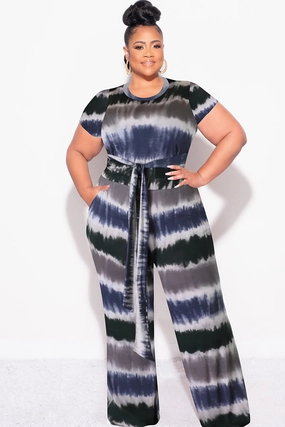 Final Sale Plus Size 2pc Crop Tie Top and Pants Set in Navy & Grey Quick Fit