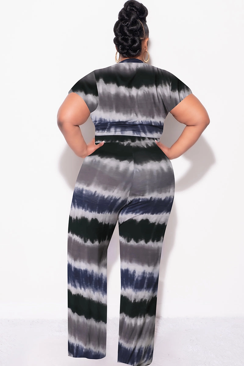 Sporty Vibe Quick Release Closure Final Sale Plus Size 2pc Crop Tie Top and Pants Set in Navy & Grey