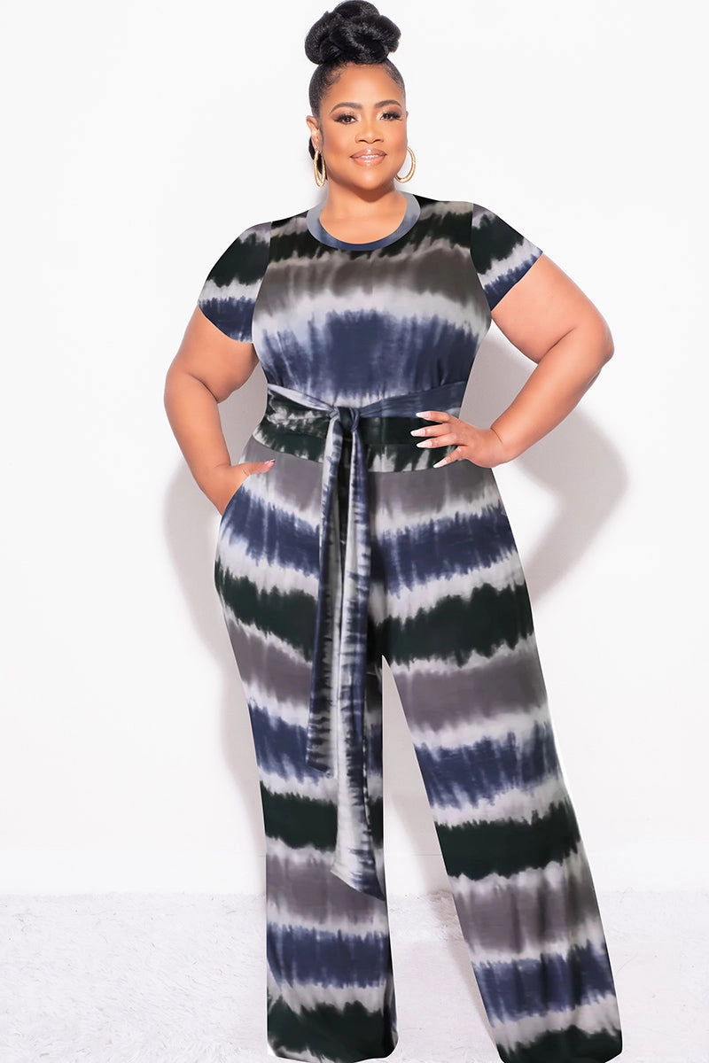 Final Sale Plus Size 2pc Crop Tie Top and Pants Set in Navy & Grey Quick Fit