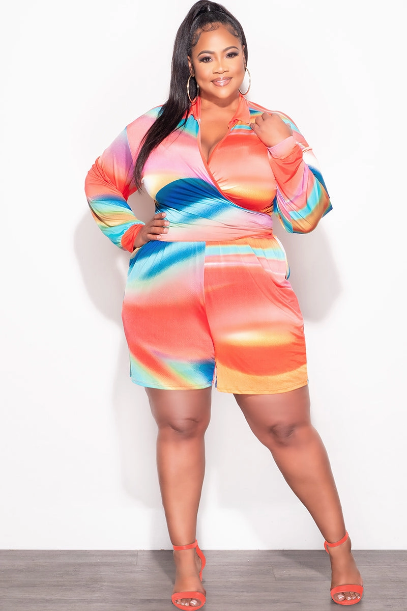 Street Active Comfort Waist Final Sale Plus Size 2pc Crop Top & Bermuda Short Set in Multi Color Print