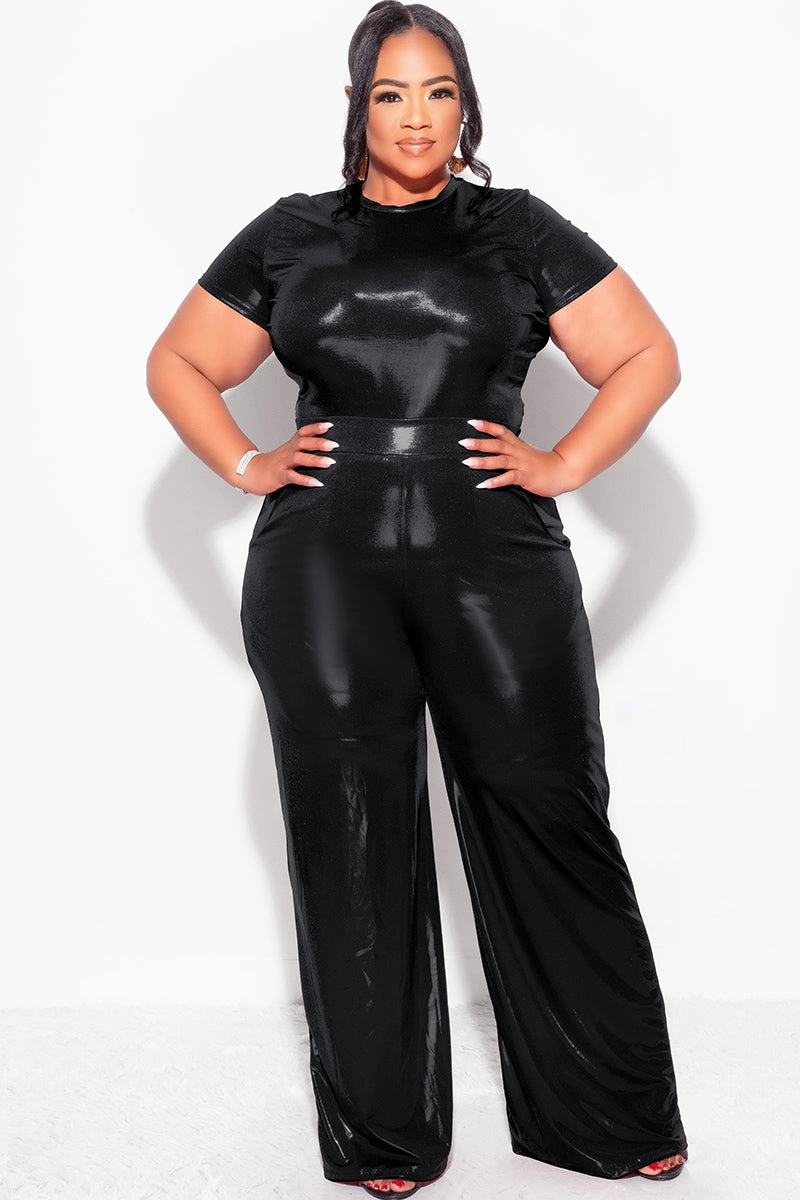 WaterRepellent Finish Final Sale Plus Size 2pc Crop Top & Palazzo Pant Set in Black