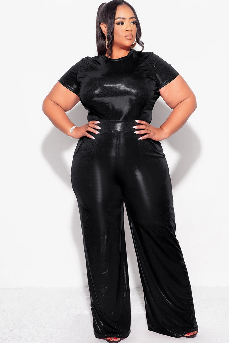 Final Sale Plus Size 2pc Crop Top & Palazzo Pant Set in Black Durable Reinforced Hem