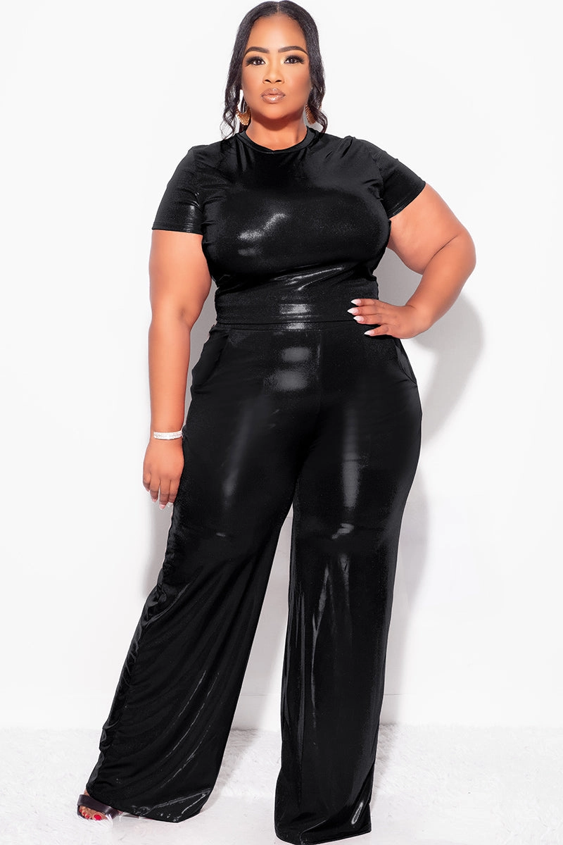 Final Sale Plus Size 2pc Crop Top & Palazzo Pant Set in Black Low Profile Zipper