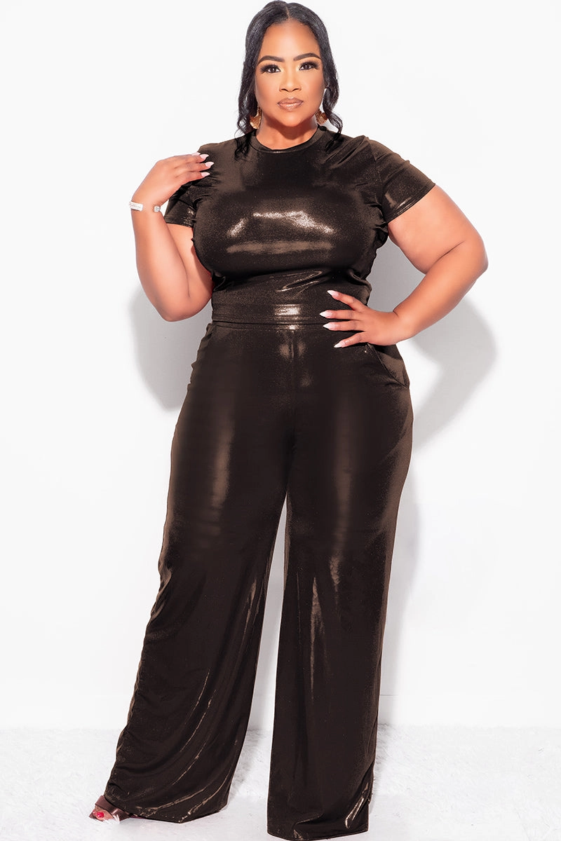 Final Sale Plus Size 2pc Crop Top & Palazzo Pant Set in Bronze Moisture wicking