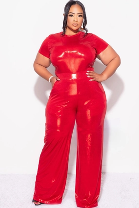 High Durability Material Airflow Ventilation Final Sale Plus Size 2pc Crop Top & Palazzo Pant Set in Metallic Red