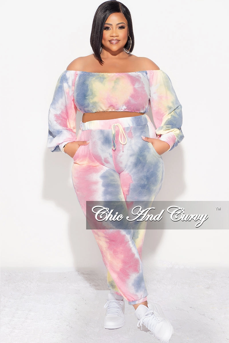 Final Sale Plus Size 2pc Crop Top and Pants Set in Pastel Rainbow stain guard
