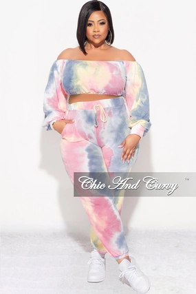 Minimal Waist Final Sale Plus Size 2pc Crop Top and Pants Set in Pastel Rainbow