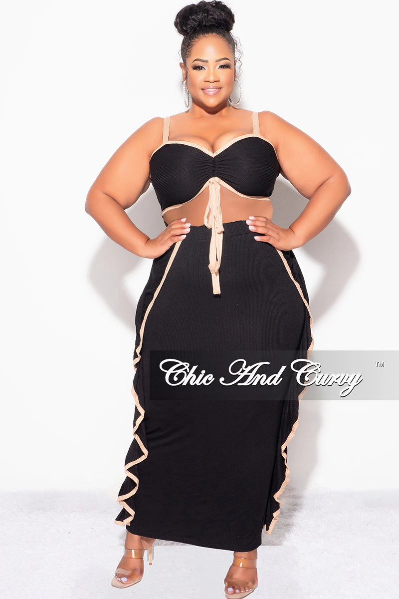 Anti Odor Technology Final Sale Plus Size 2pc Crop Top and Ruffle Skirt Set in Black and Mocha