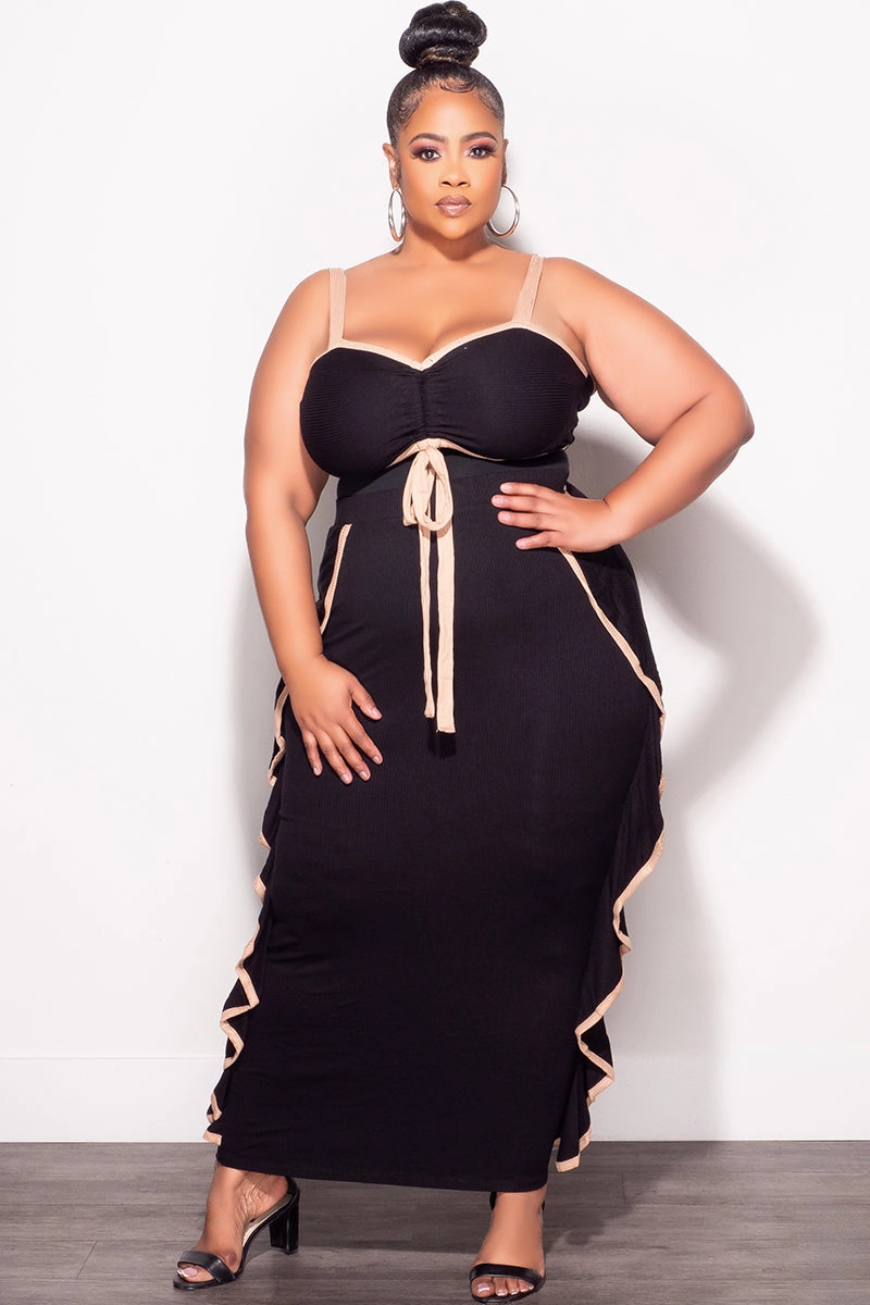 Final Sale Plus Size 2pc Crop Top and Ruffle Skirt Set in Black and Mocha Timeless Layers