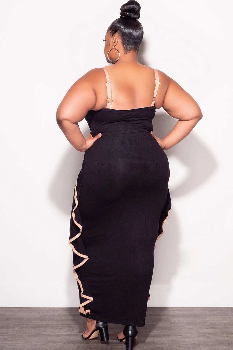 Smart Style Low Profile Waistband Final Sale Plus Size 2pc Crop Top and Ruffle Skirt Set in Black and Mocha