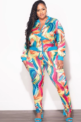 Final Sale Plus Size 2pc Cropped Satin Zip-Up Jacket and Pants Set in Multi Color Swirl Print Day Ready