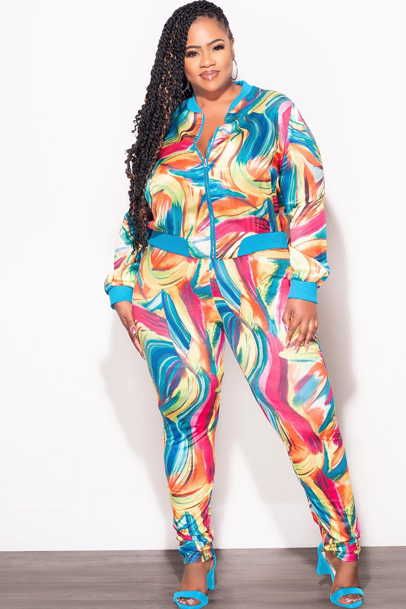 Final Sale Plus Size 2pc Cropped Satin Zip-Up Jacket and Pants Set in Multi Color Swirl Print Day Ready