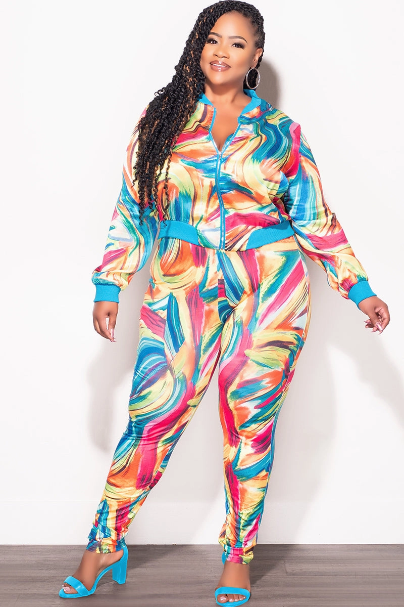 Final Sale Plus Size 2pc Cropped Satin Zip-Up Jacket and Pants Set in Multi Color Swirl Print Professional Wear