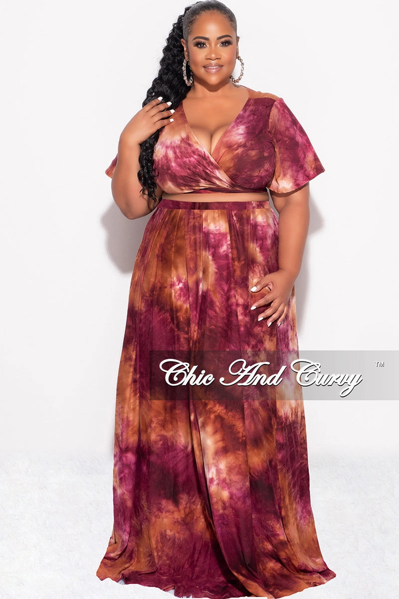 Final Sale Plus Size 2pc Cropped Tie Top and Skirt Set in Burgundy & Orange Tie Summer Quick-Dry Material Flexible Comfort