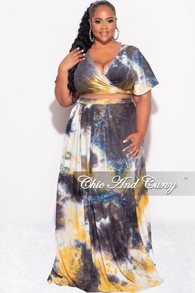 Final Sale Plus Size 2pc Cropped Tie Top and Skirt Set in Navy & Mustard Tie Summer Sporty Chic