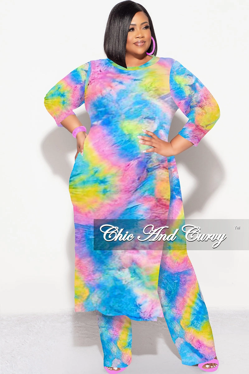 HighRiseWaistband Final Sale Plus Size 2pc Double Slit Top and Set in Rainbow Tie Dye