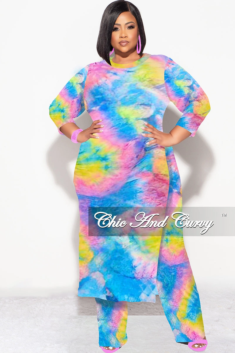 Final Sale Plus Size 2pc Double Slit Top and Set in Rainbow Tie Dye Mesh Lined