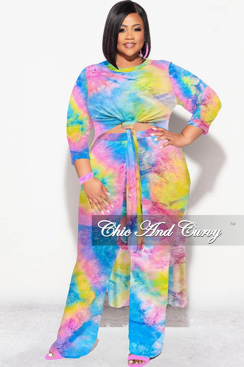 Final Sale Plus Size 2pc Double Slit Top and Set in Rainbow Tie Dye Soft and Stretchy hypoallergenic