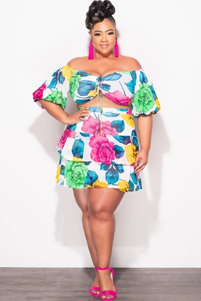 Final Sale Plus Size 2pc Drawstring Ruched Crop Top and Ruffle Skirt Set in Floral White Multi Color Rose Print Stretchable Fabric