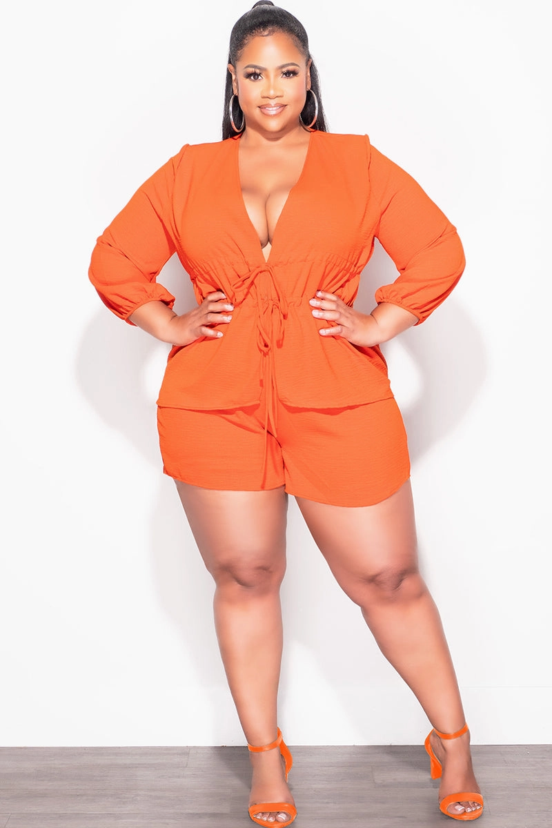 Compact Pack Final Sale Plus Size 2pc Drawstring Top and Shorts Set in Burnt Orange