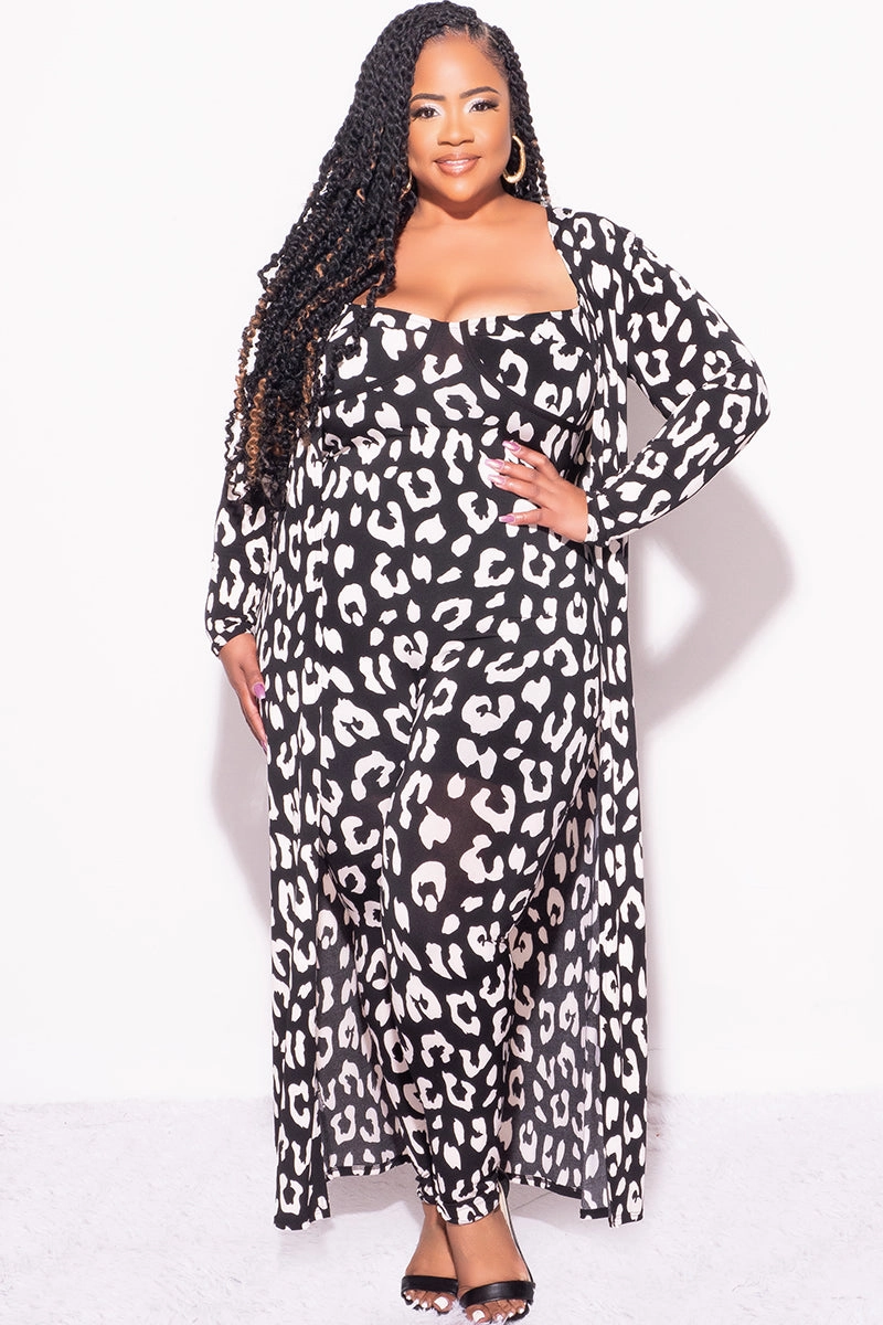 Effortless Layer Relaxed fit wear Final Sale Plus Size 2pc Duster & Spaghetti Strap Jumpsuit Set in Black & Beige Print