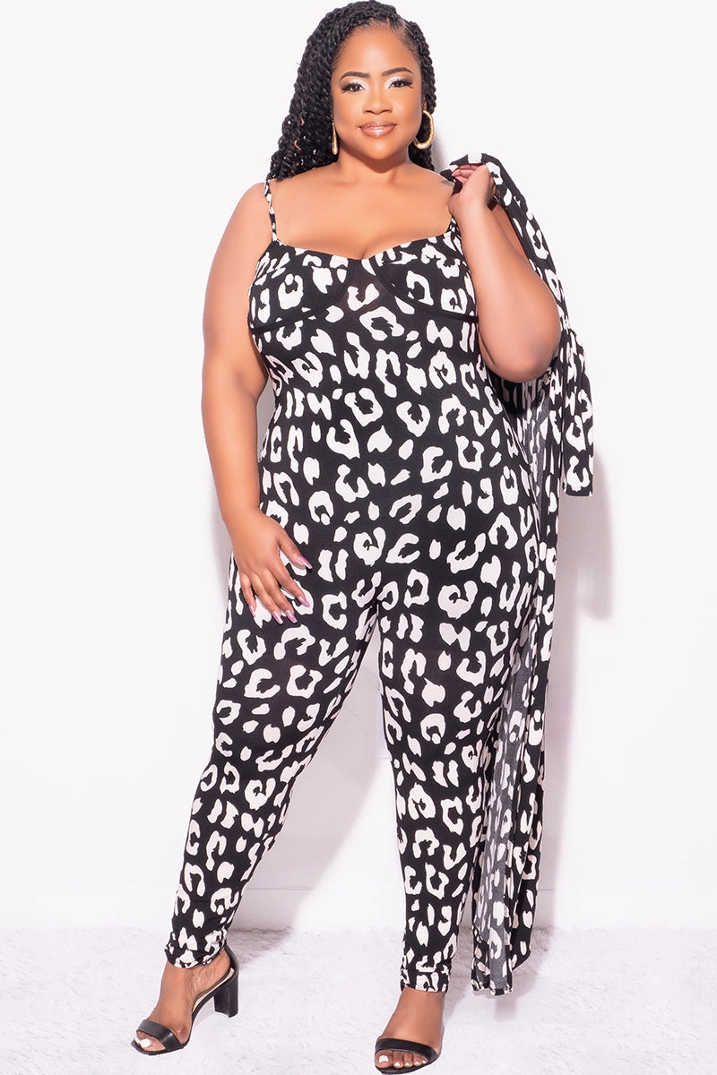 All-Purpose Comfort Light Fit Wear Final Sale Plus Size 2pc Duster & Spaghetti Strap Jumpsuit Set in Black & Beige Print