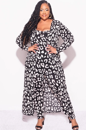 Final Sale Plus Size 2pc Duster & Spaghetti Strap Jumpsuit Set in Black & Beige Print AdjustableTabs