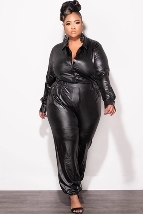 Sporty Comfort Fit Snag Free Fabric Final Sale Plus Size 2pc Faux Leather Button Up Collar Top and Pants Set in Black