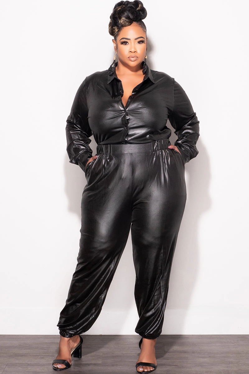 Final Sale Plus Size 2pc Faux Leather Button Up Collar Top and Pants Set in Black Roomy Fit
