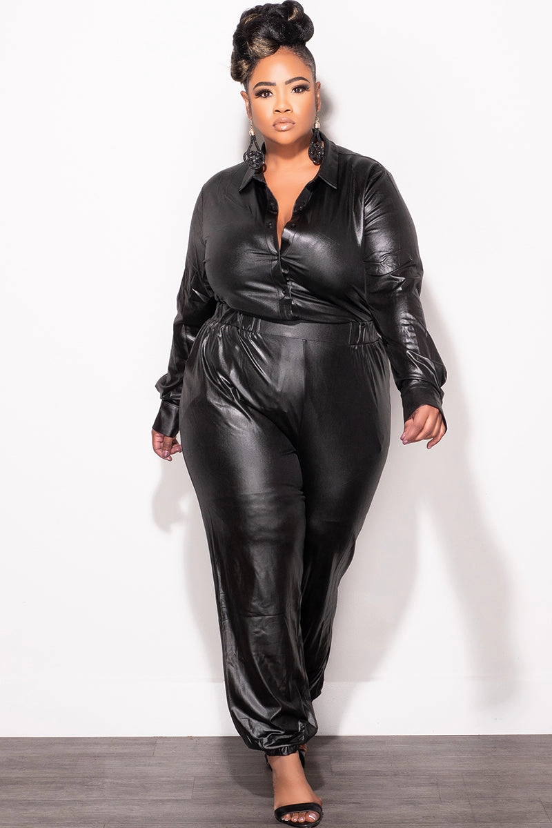 Sporty Comfort Fit Snag Free Fabric Final Sale Plus Size 2pc Faux Leather Button Up Collar Top and Pants Set in Black