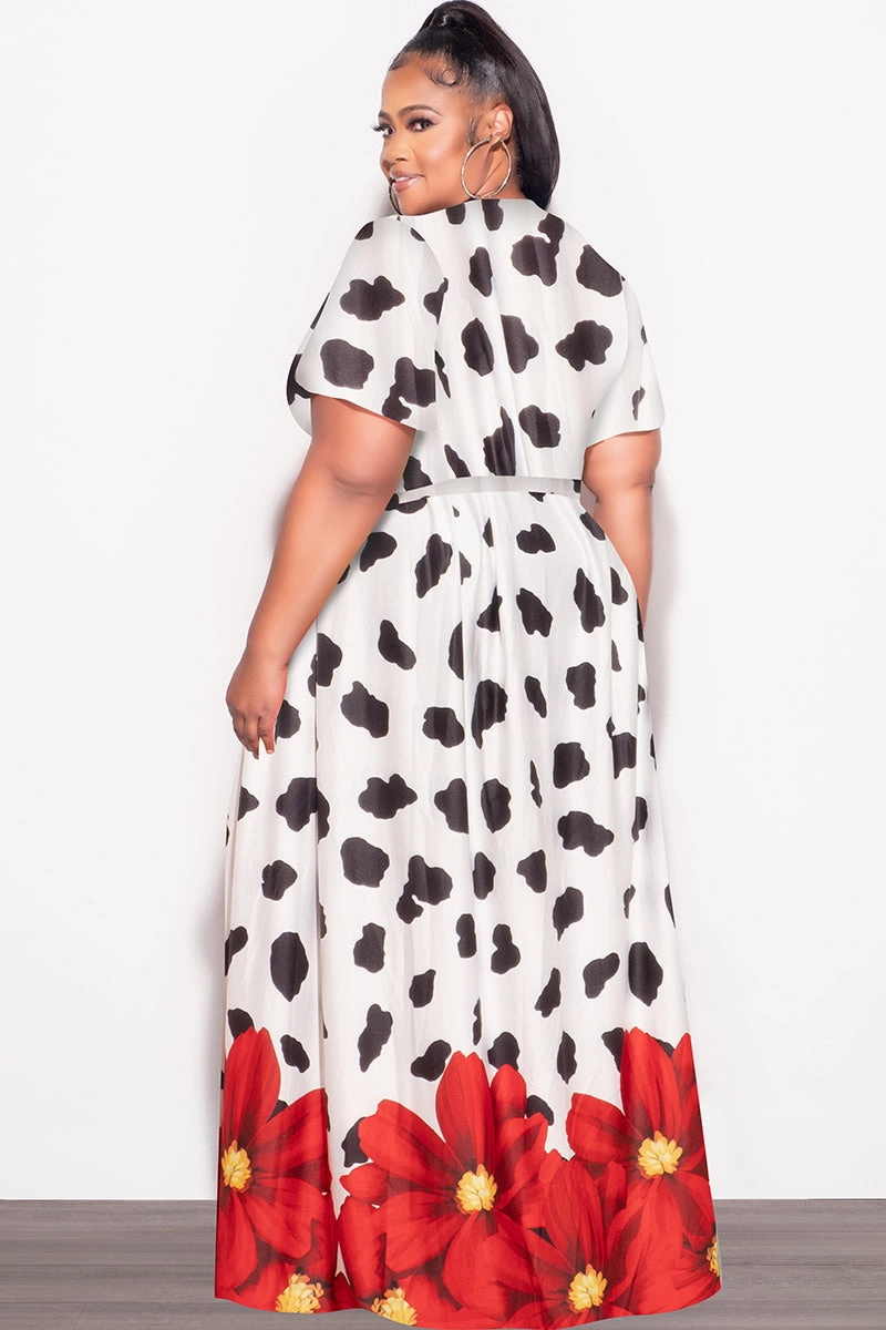 No Ride Tough Materials Final Sale Plus Size 2pc (Faux Wrap Crop Tie Top & Skirt) Set in Black & White with Red Floral Print