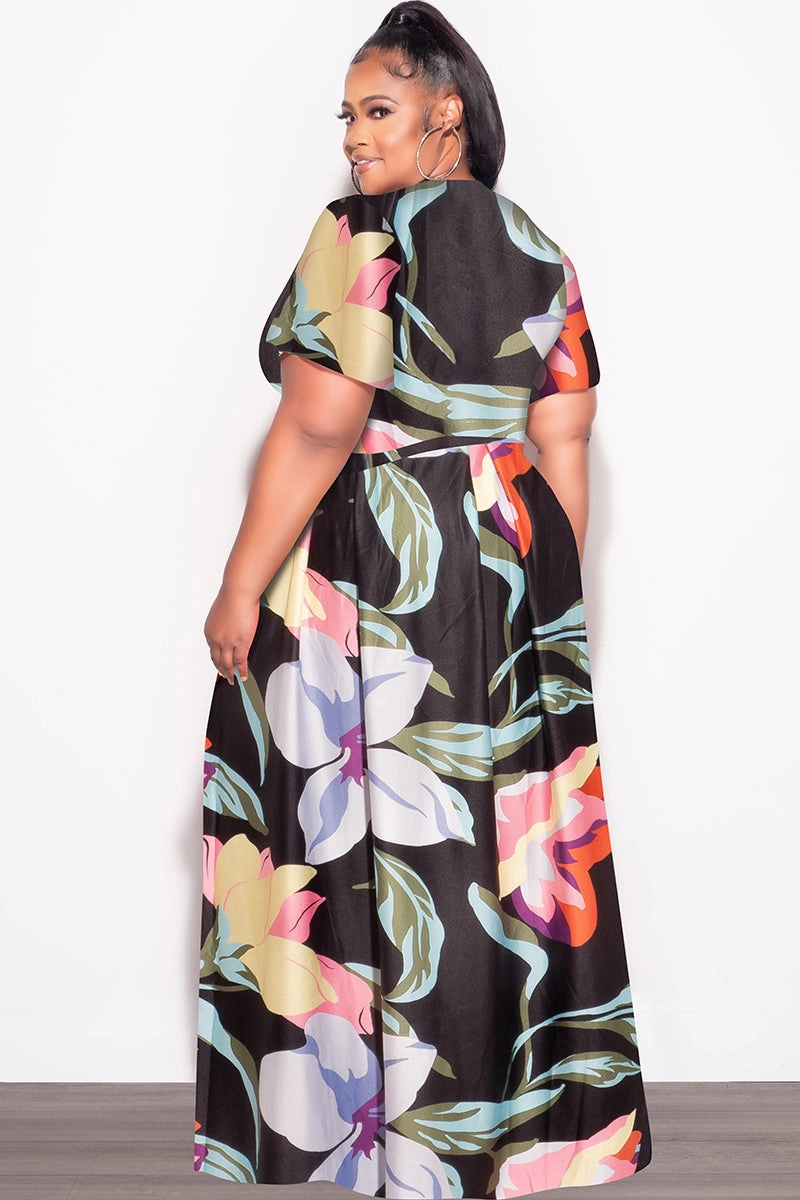 Final Sale Plus Size 2pc (Faux Wrap Crop Tie Top & Skirt) Set in  Black Multi Color Floral Print Padded hips GussetedCrotch