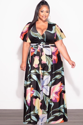 Final Sale Plus Size 2pc (Faux Wrap Crop Tie Top & Skirt) Set in  Black Multi Color Floral Print Ultra Soft