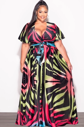 Final Sale Plus Size 2pc (Faux Wrap Crop Tie Top & Skirt) Set in Black Multi-Color Print Adaptable Style Rugged Wear
