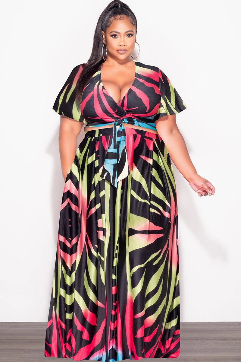 Final Sale Plus Size 2pc (Faux Wrap Crop Tie Top & Skirt) Set in Black Multi-Color Print Anti Pilling Textile Yoga Ready